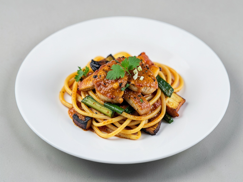 Würzige Hähnchen-Pasta mit Ofengemüse