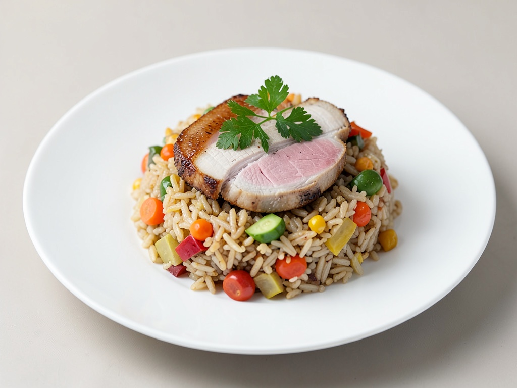Poêle de porc et légumes au riz