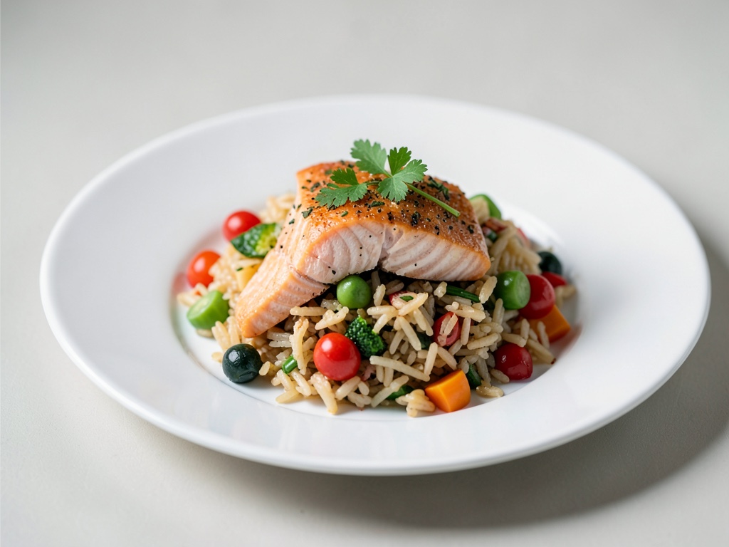 Insalata di salmone e riso con verdure fresche
