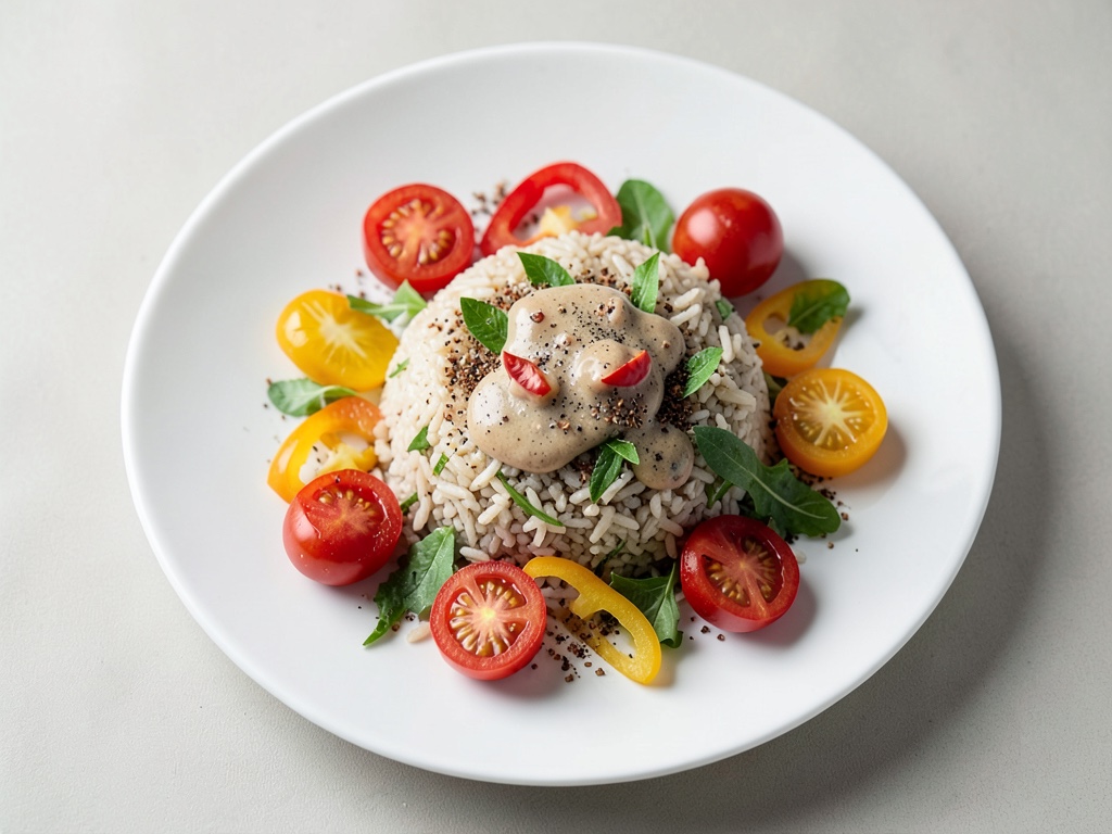 Insalata di riso e verdure colorate con condimento al tonno e pomodorini farciti