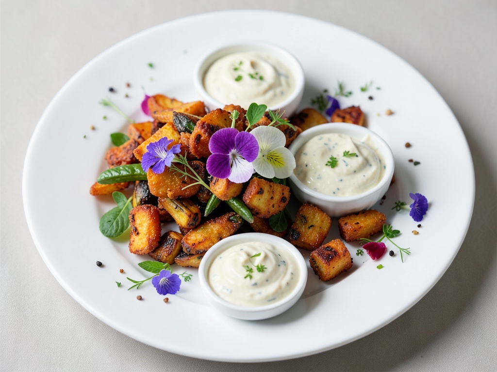 Verduras crujientes con flores frescas y tres salsas cremosas