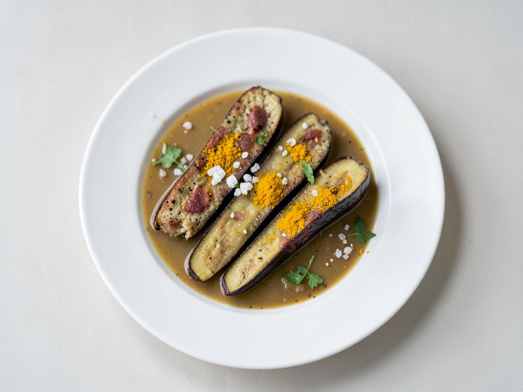 Gebratene Gemüse-Reisknödel mit Honig-Auberginen