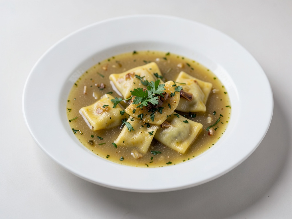 Ravioli caseros en caldo tibio de hinojo