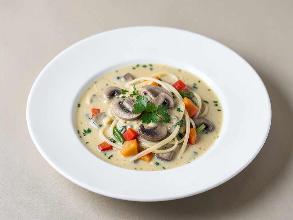 Cremige Gemüsesuppe mit Pilzen und Nudeln
