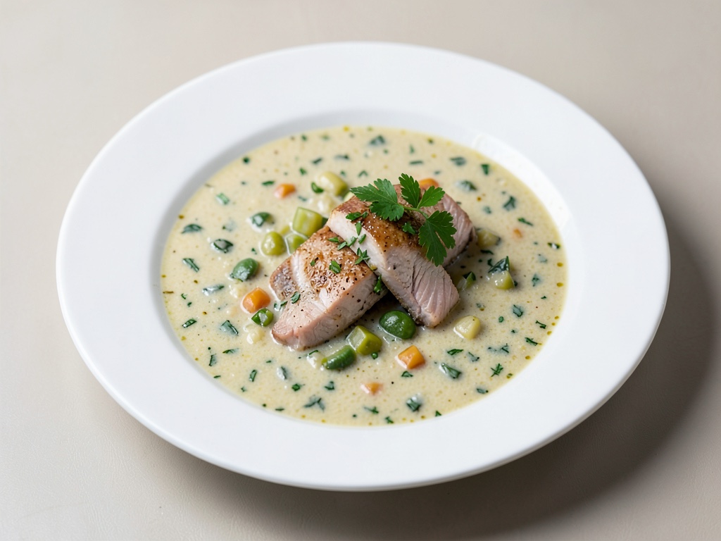 Zuppa cremosa di verdure con trota affumicata