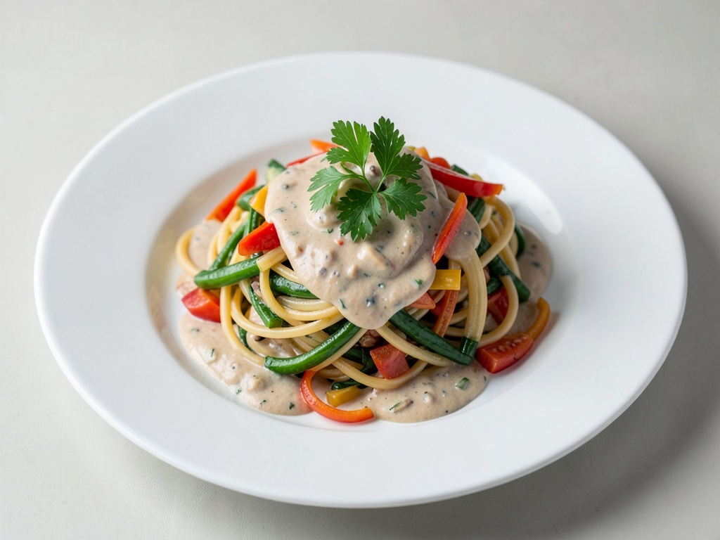 Fideos de verdura con salsa cremosa de soja