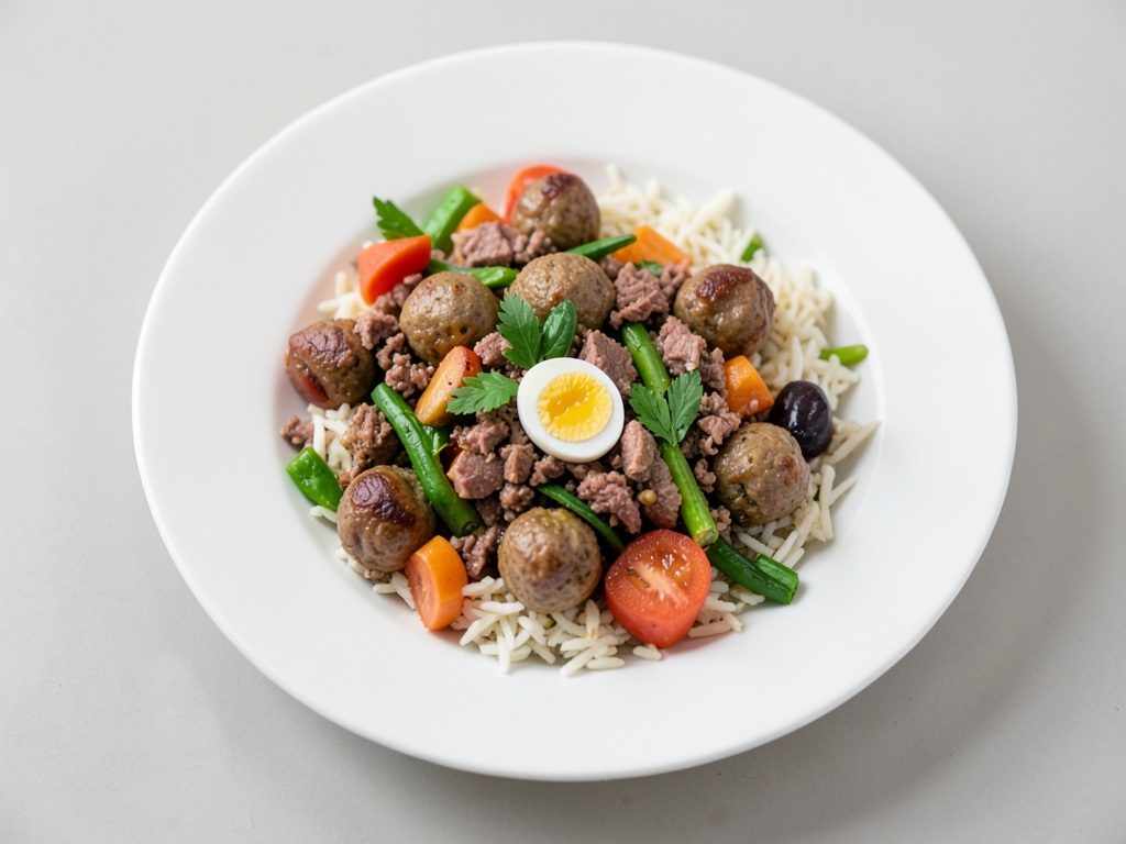 Piatto in padella con riso e polpette di manzo