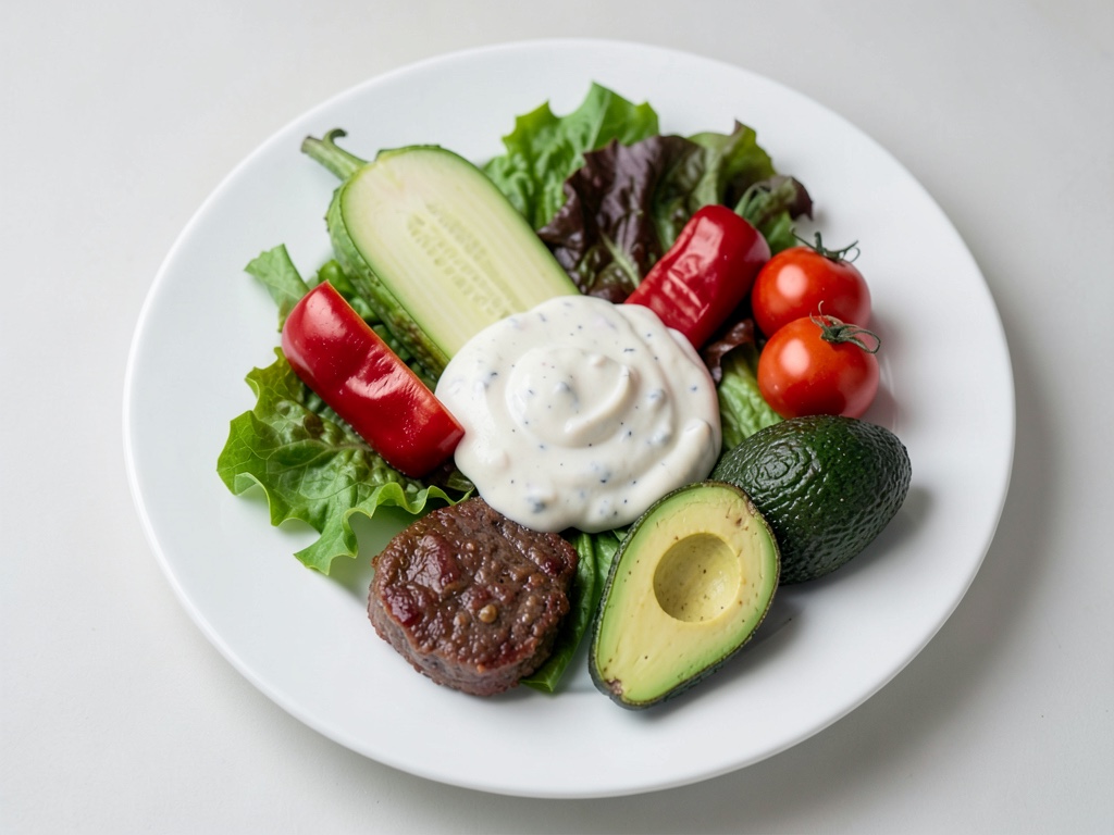 Piatto di verdure colorate con yogurt dip