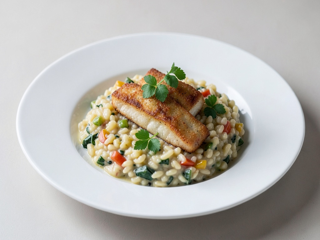 Risotto cremoso con verdure e pesce fritto