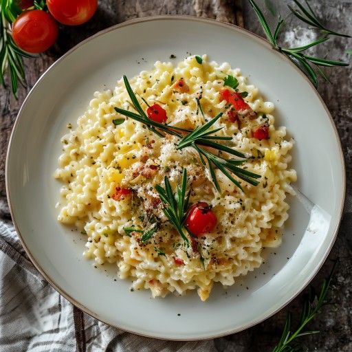Risotto cremoso con verdure, pane croccante e rosmarino