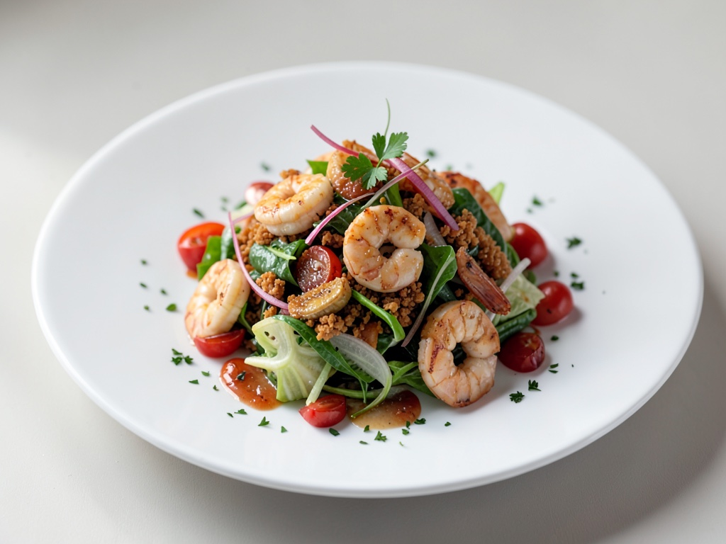 Insalata di verdure croccante con gamberi fritti