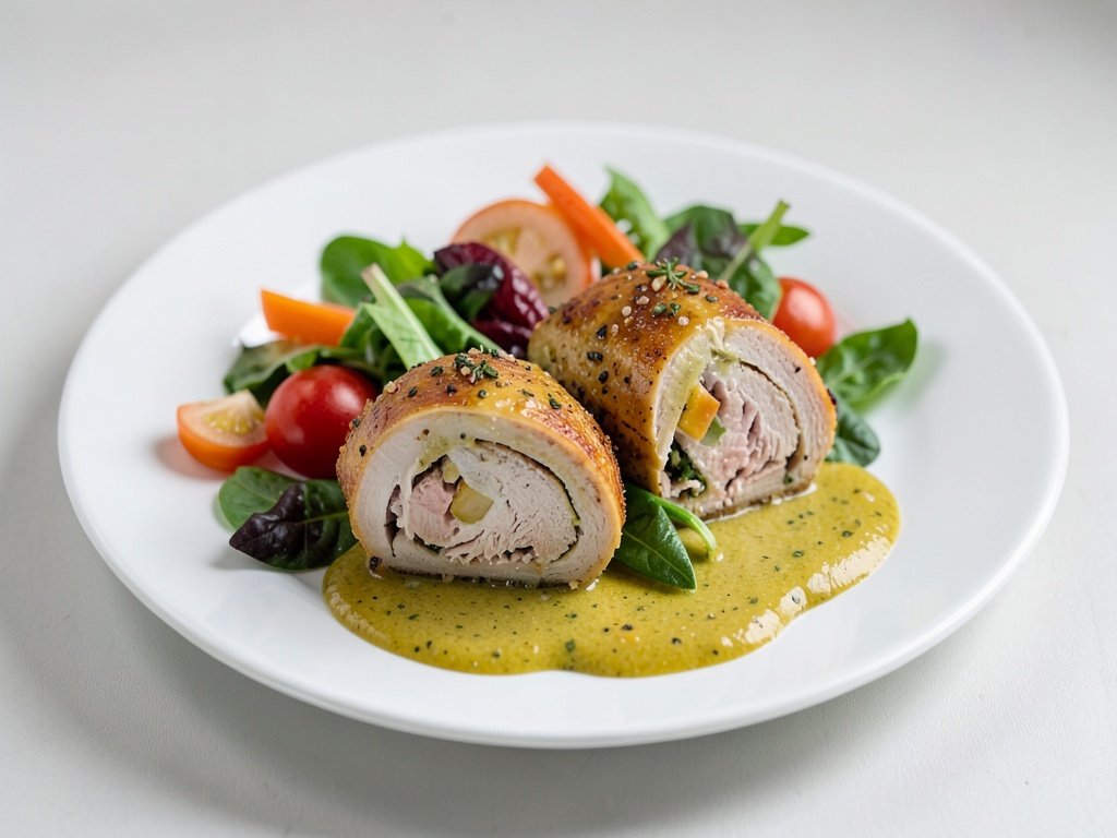 Rotoli di petto di tacchino con verdure e salsa al senape