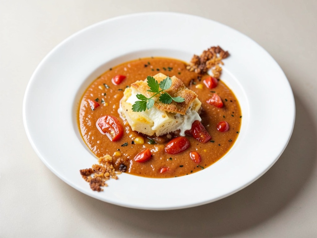 Sopa creativa de patatas y tomate con costra de queso