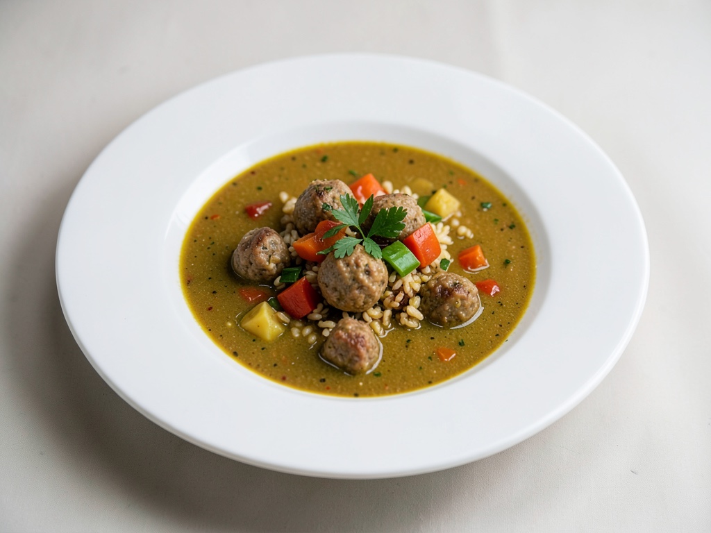 Zuppa di verdure saporita con polpette di carne e riso