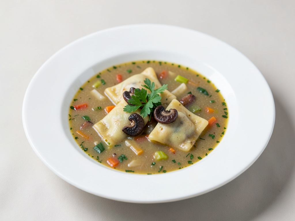 Soupe de légumes savoureuse aux raviolis aux cèpes