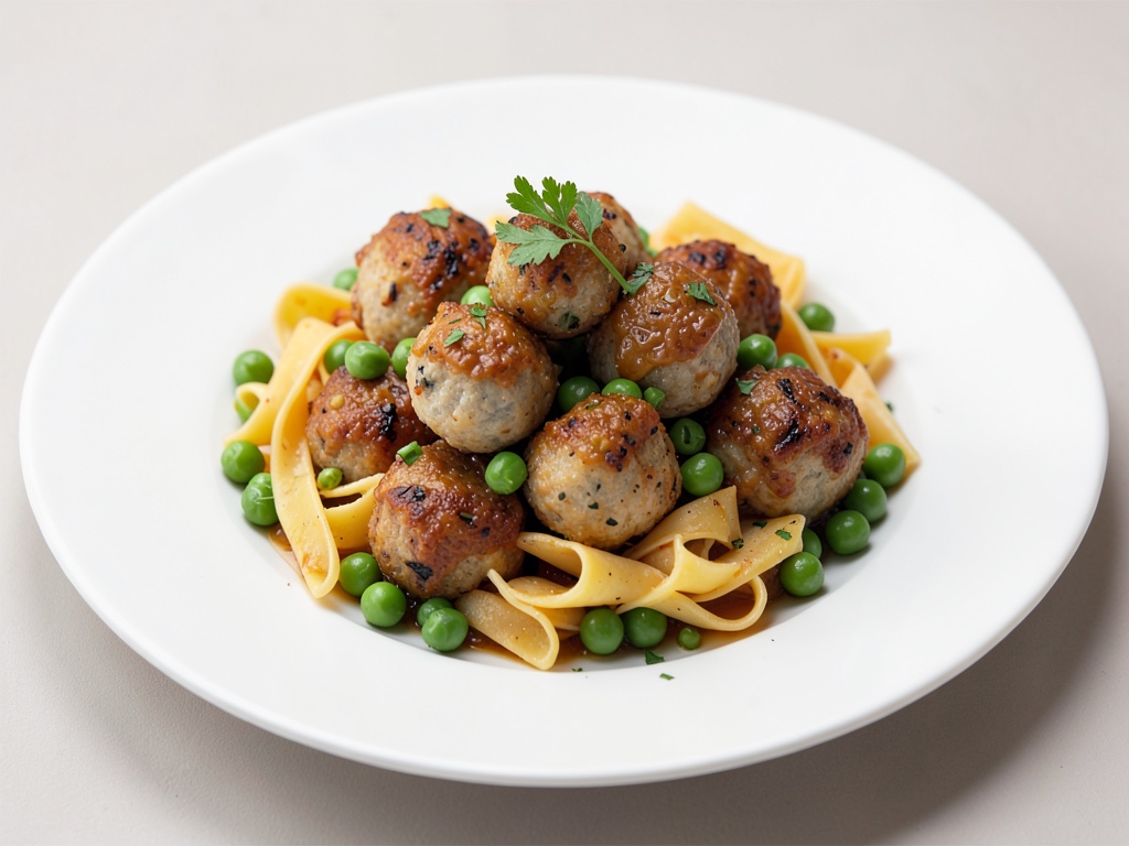Geräucherte Fischbällchen auf Erbsen-Nudeln