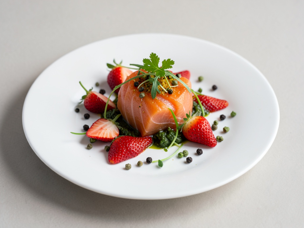 Salmone affumicato con fragole, rucola e pepe verde