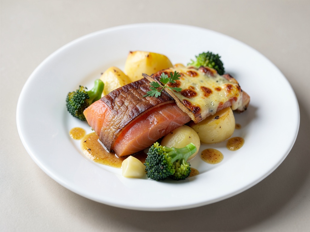 Salmone affumicato con patate, salsa al limone e gratin di broccoli