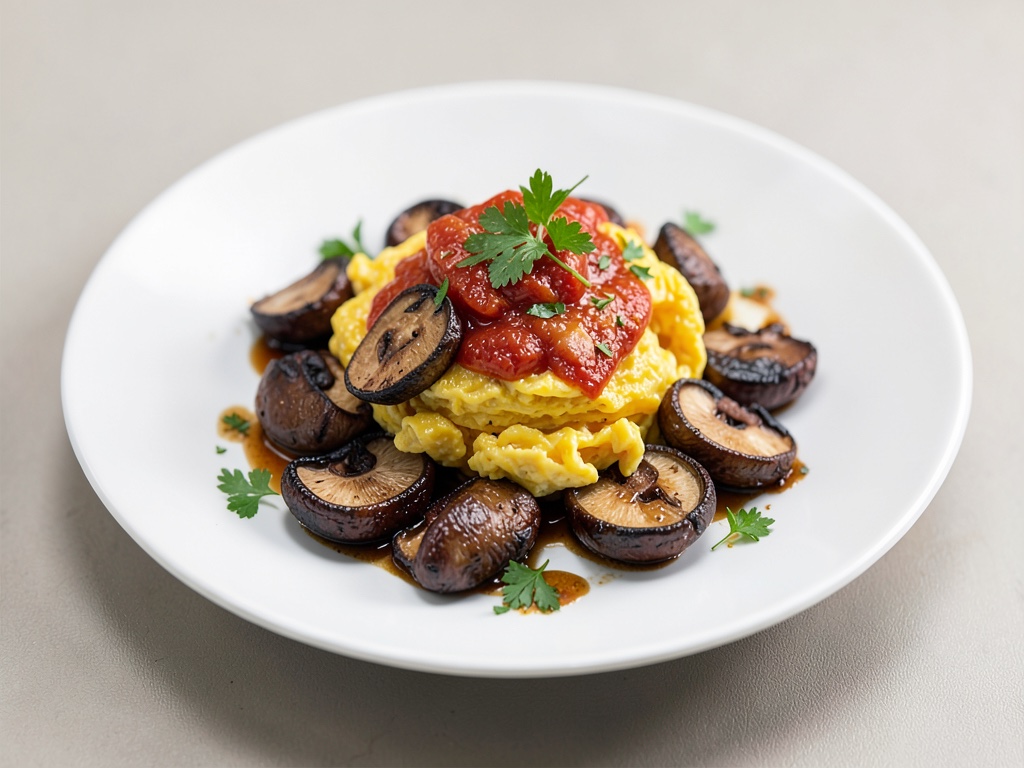 Setas porcini tostadas con huevos revueltos de tomate