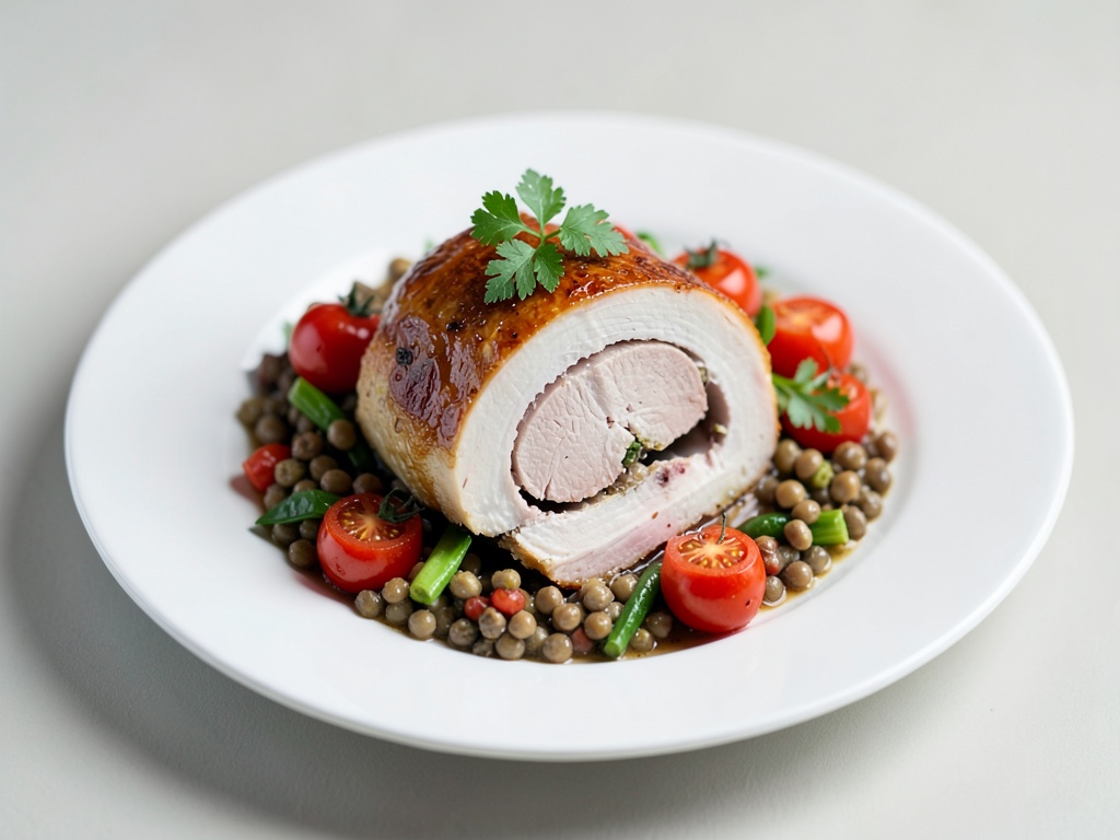 Rôti de dinde roulé aux tomates et légumes aux lentilles