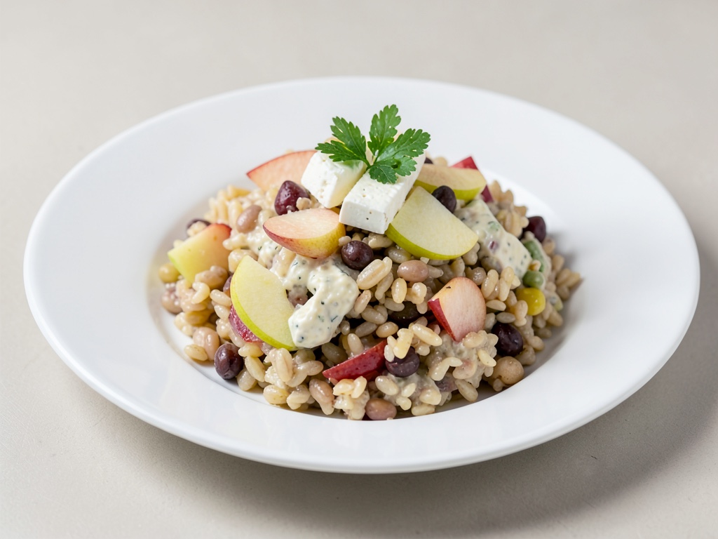 Insalata cremosa di orzo e riso con mela croccante e formaggio di capra