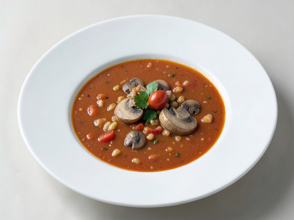Sopa de cebada y tomate con champiñones