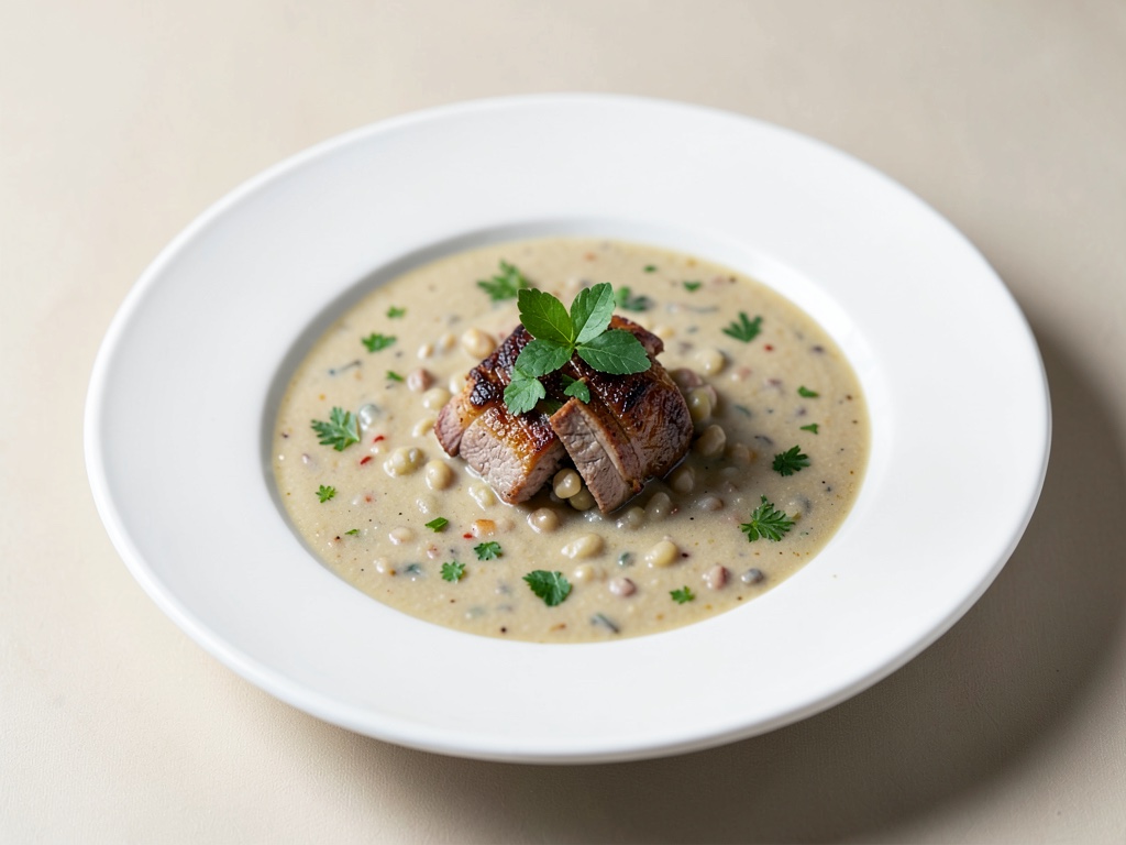 Zuppa cremosa di orzo con carne affumicata