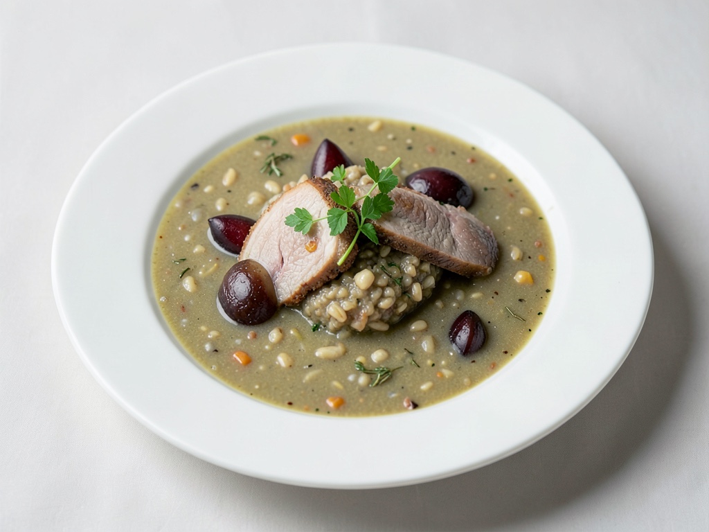 Zuppa salata d'orzo con anatra e prugne