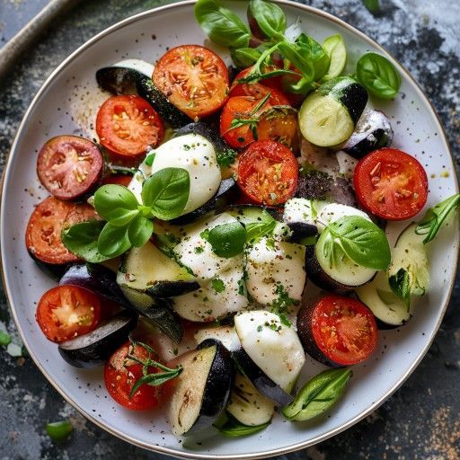 Antipasti stratificati di melanzane, zucchine e pomodori