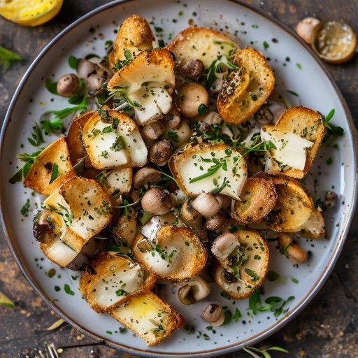 Crocchette di pane croccante con torrette di quark ai funghi champignon