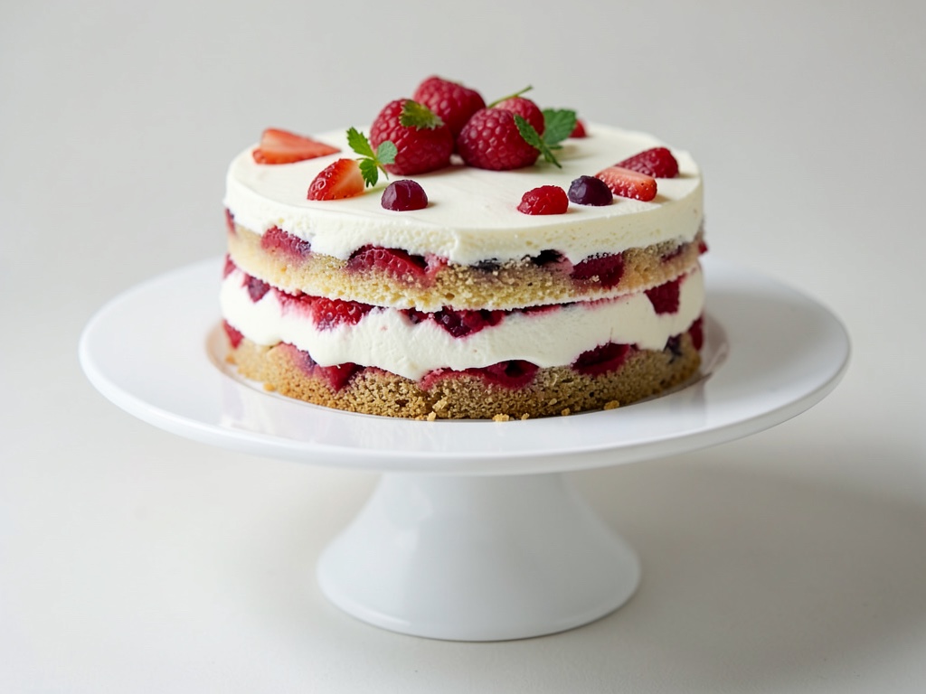 Geschichtete Himbeercremetorte auf Tortenständer
