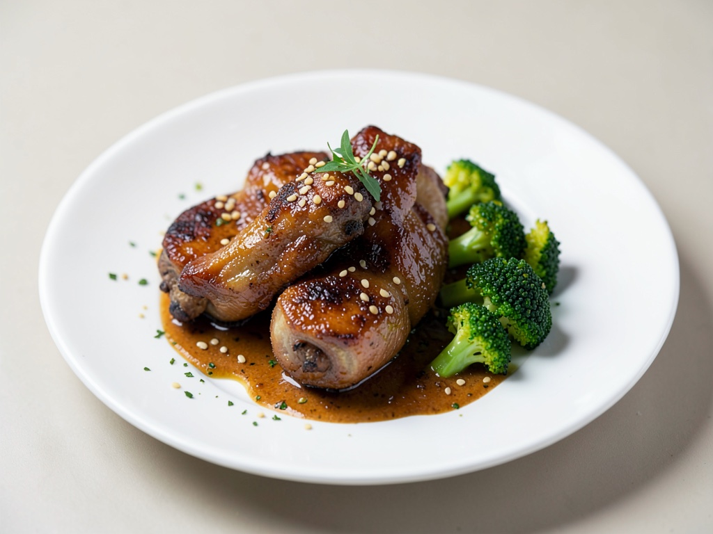Cosce d'oca brasate lentamente con broccoli e sesamo