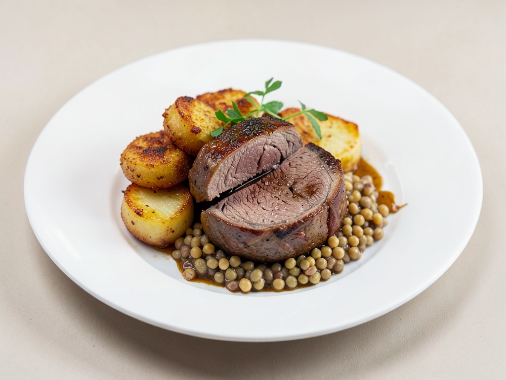 Tender agnello con crocchette di patate croccanti e orzo