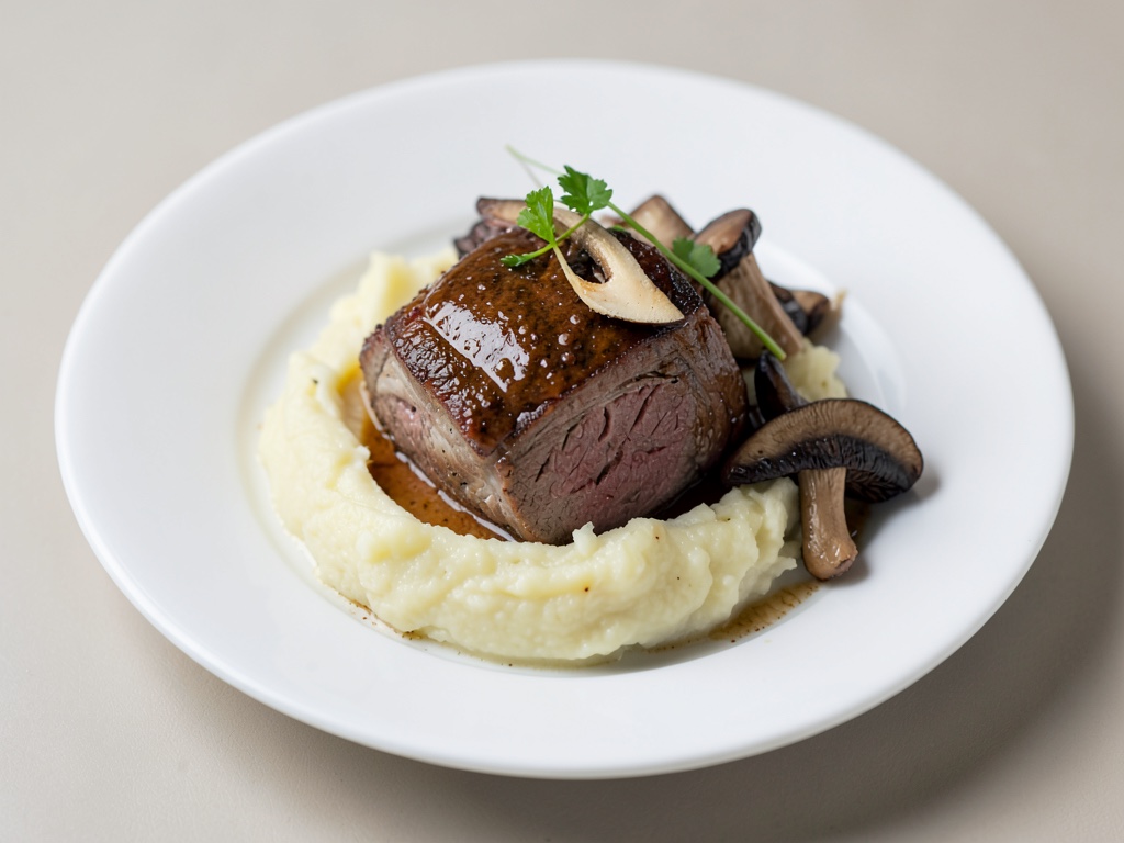 Manzo tenero brasato con purè di patate cremoso e funghi porcini saltati