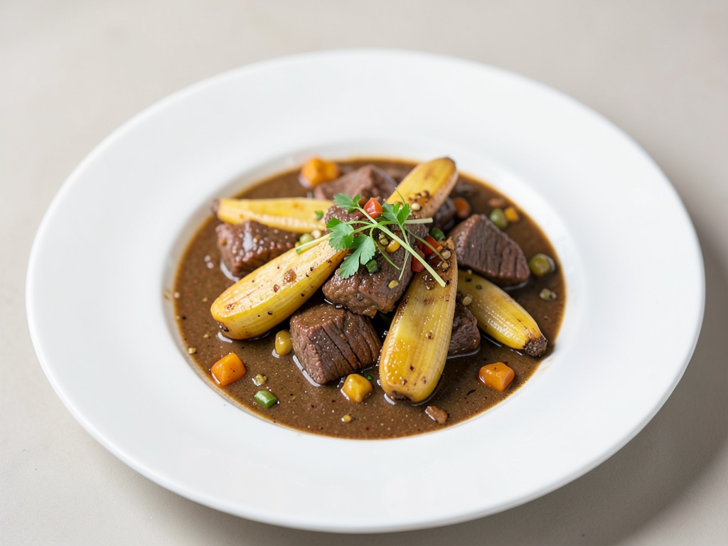 Tenero gulasco di manzo con banane da cottura