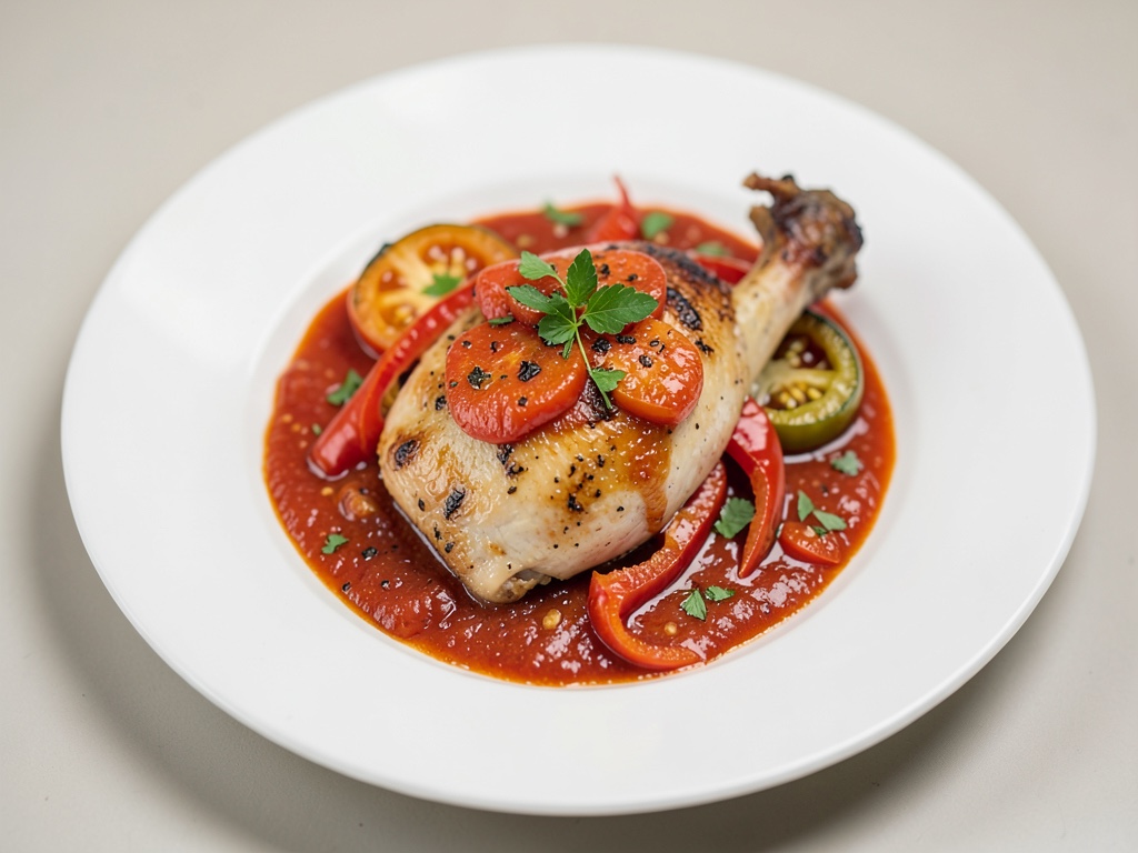 Pollo tenero con peperoni in salsa di pomodoro