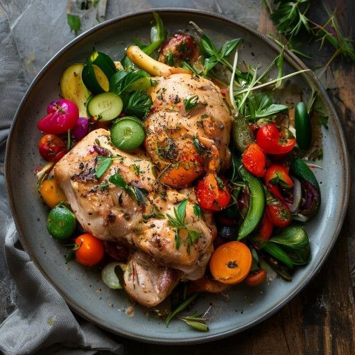 Pollo tenero con verdure miste e erbe aromatiche