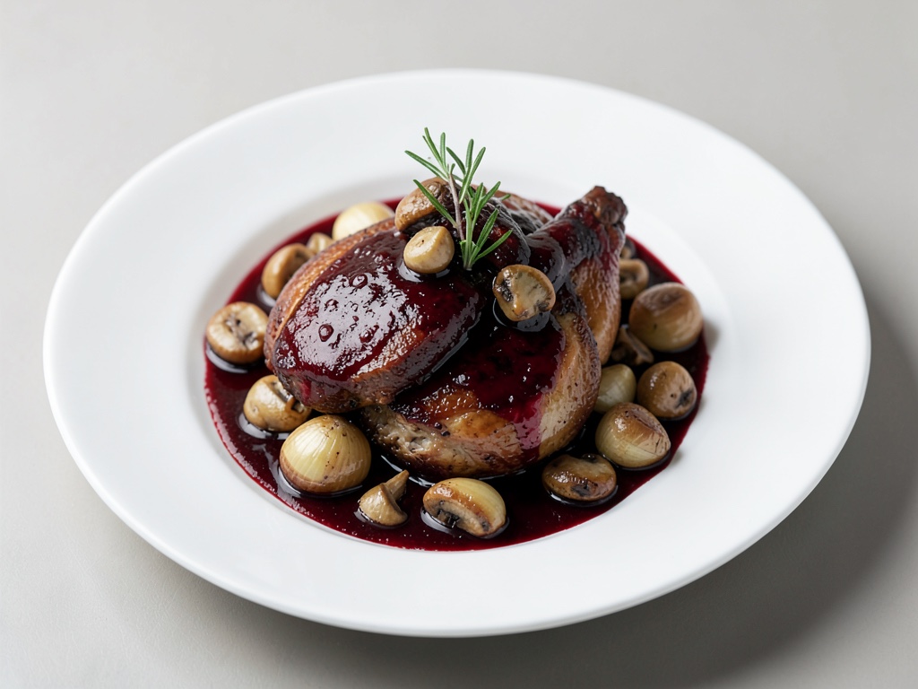 Pollo tenero in pentola al vino rosso con funghi champignon e scalognhe