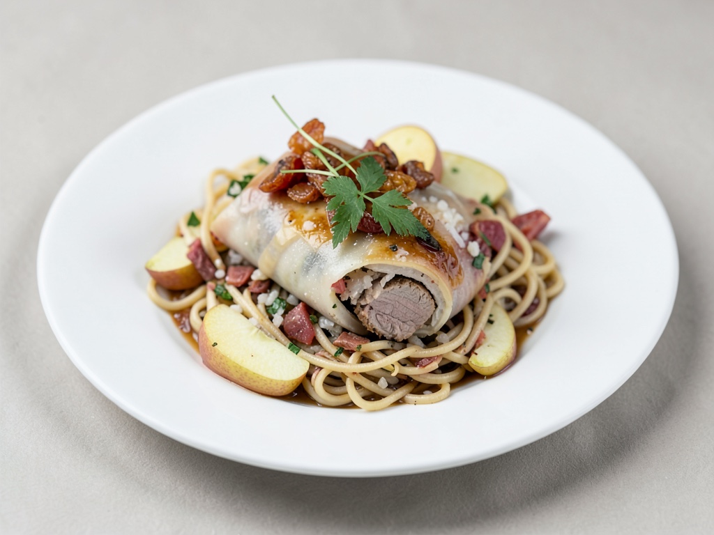 Tagliatelle di tacchino veloci con mele e noodles di riso
