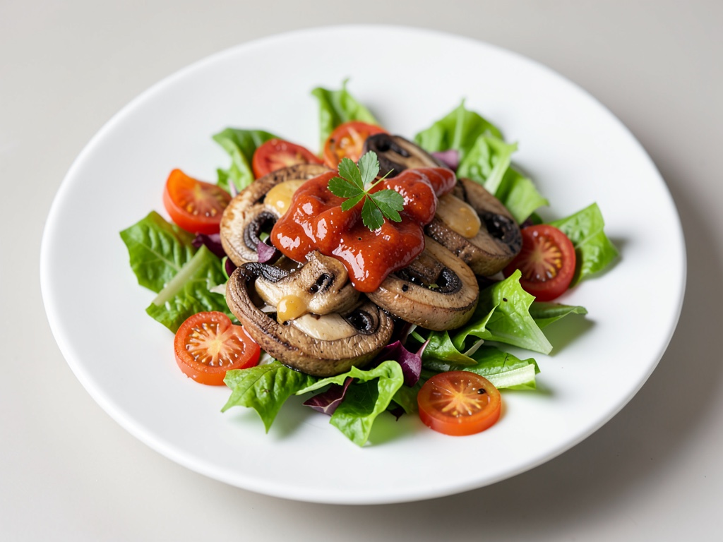 Padella di funghi su insalata fresca con condimento al pomodoro