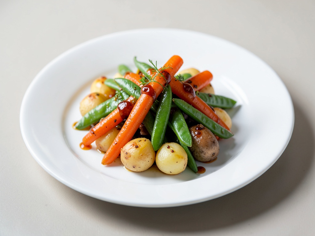 Carottes glacées au miel avec mange-tout et pommes de terre