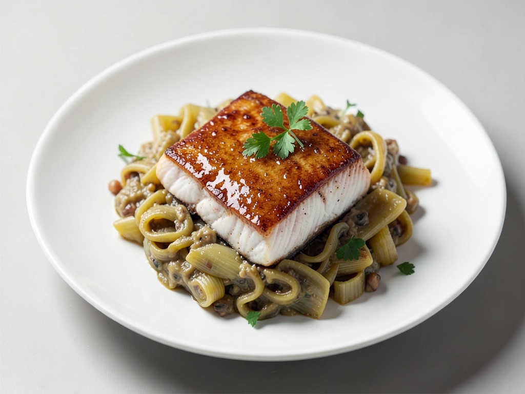 Glasierter Kabeljau auf Artischocken-Pasta-Ragout