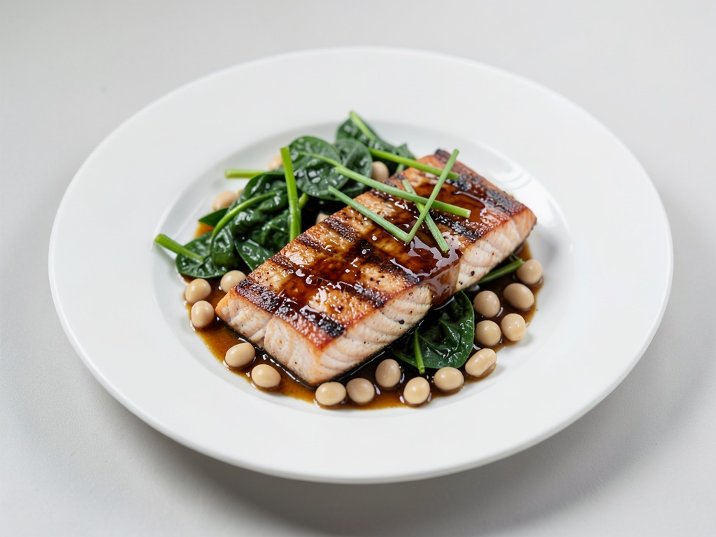 Salmone alla griglia con spinaci e fagioli bianchi lucidi