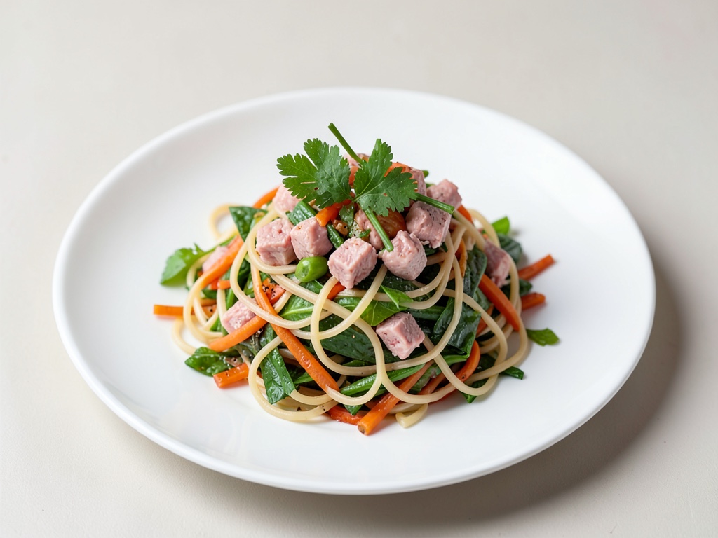Insalata fresca di vermicelli di vetro con verdure e tonno