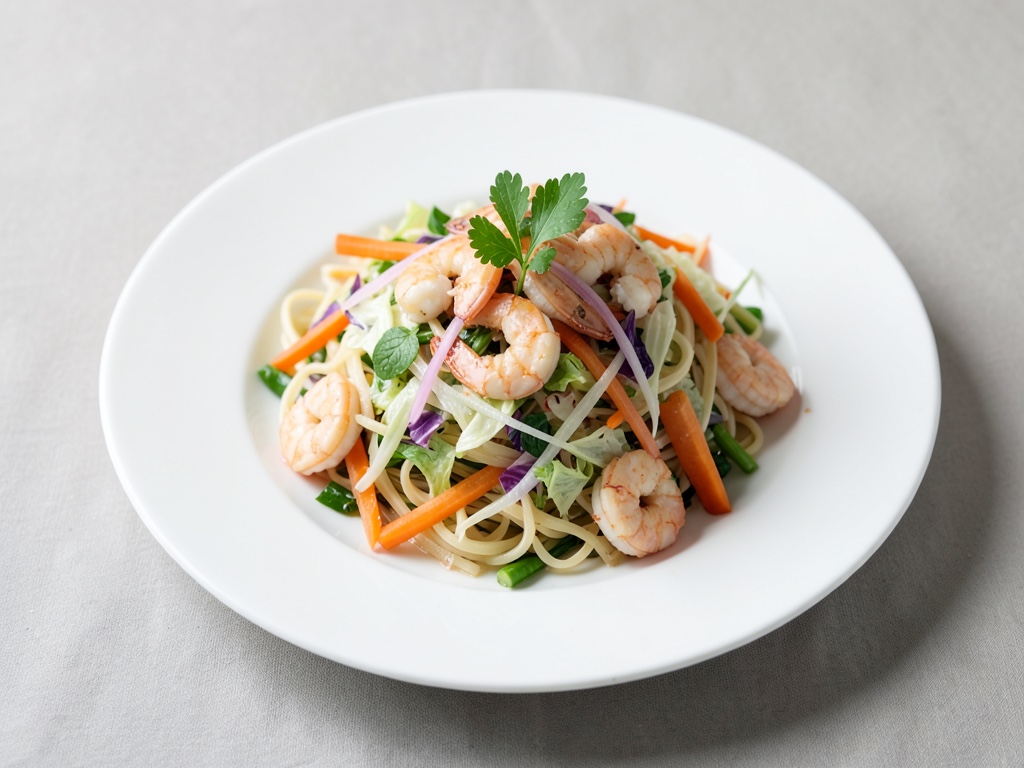Insalata fredda di noodles di vetro con gamberi, cavolo cappuccio a punta e carote