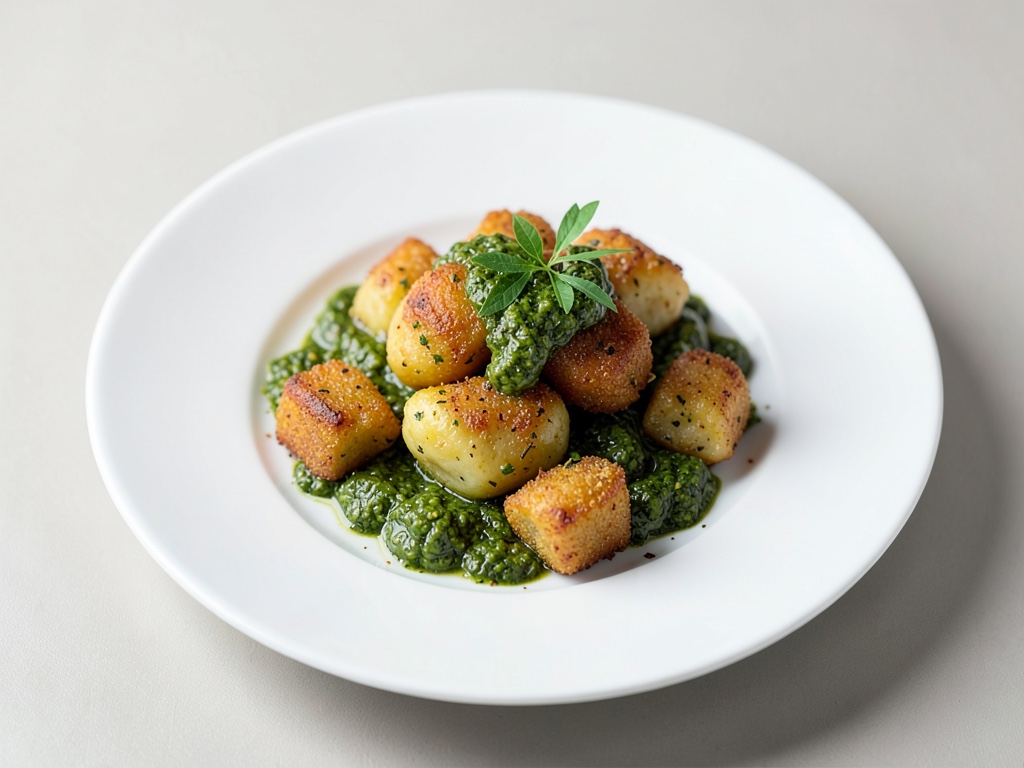 Gnocchi croccanti al pesto fresco di erbe selvatiche