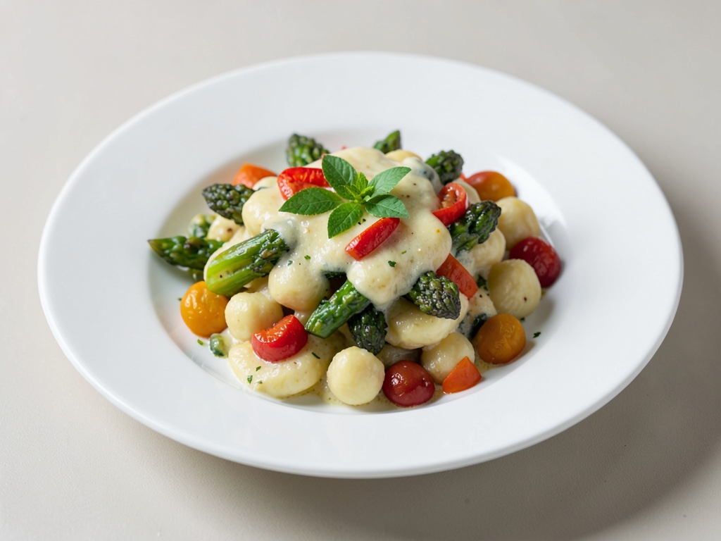 Cremosa gratin di gnocchi con asparagi e peperoni