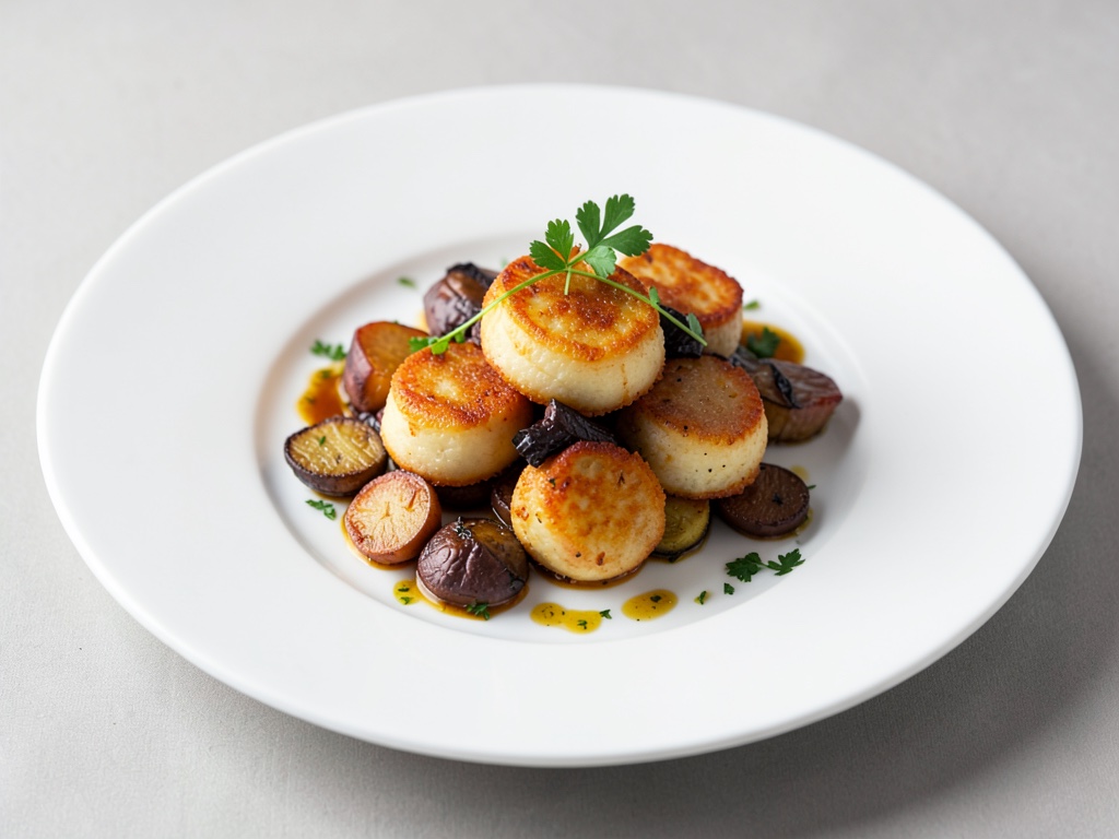 Coquilles Saint-Jaques dorées et croustillantes avec légumes-racines mijotés