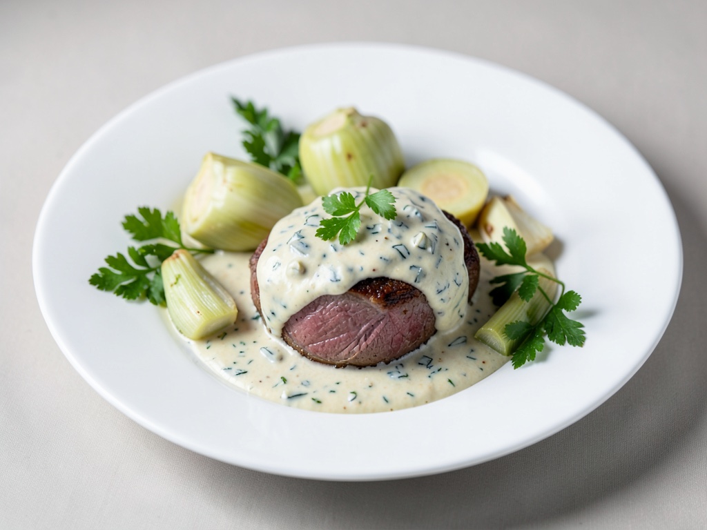 Fonduta cremosa al Gorgonzola e Provolone con filetto di manzo e carciofi