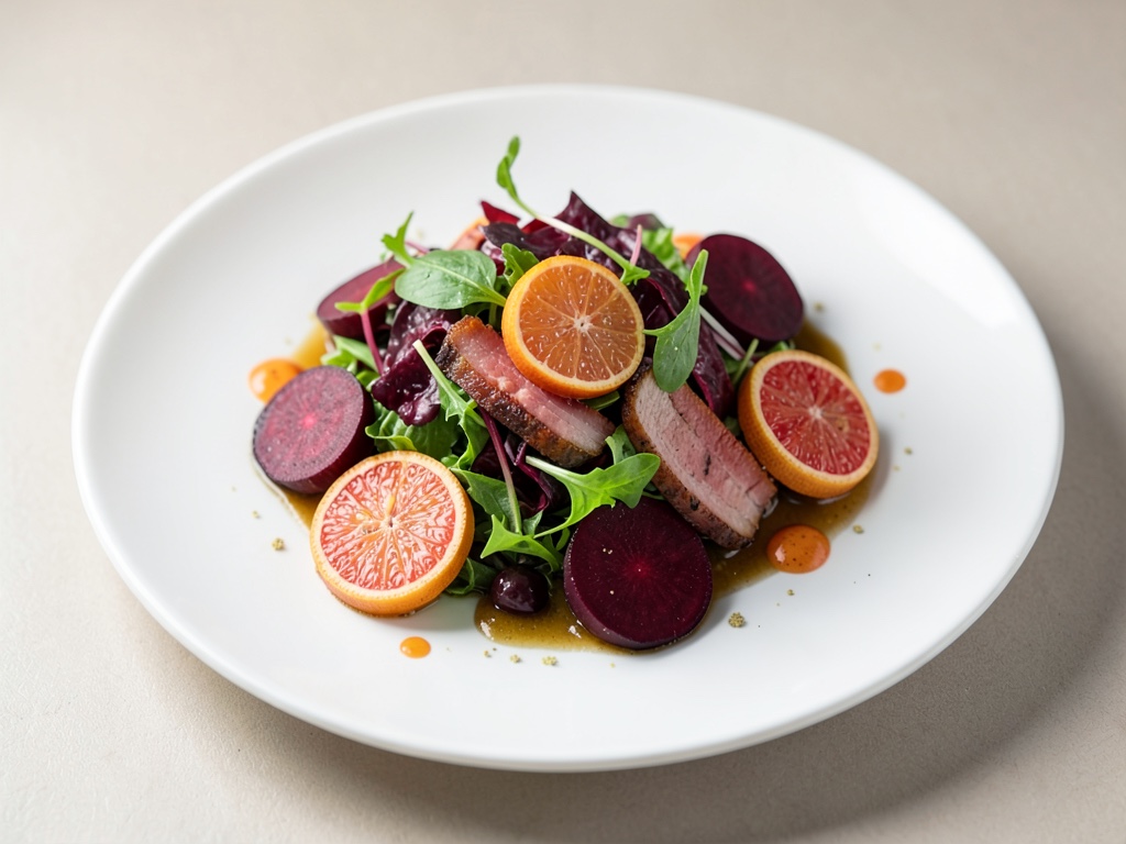 Insalata fresca con barbabietola rossa, pompelmo e pancetta